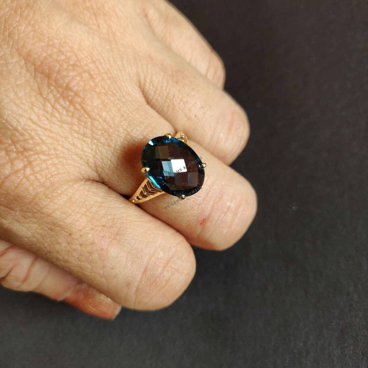 Natural London Blue Topaz Ring, 14K Solid Yellow Gold Oval Gemstone, December Birthstone