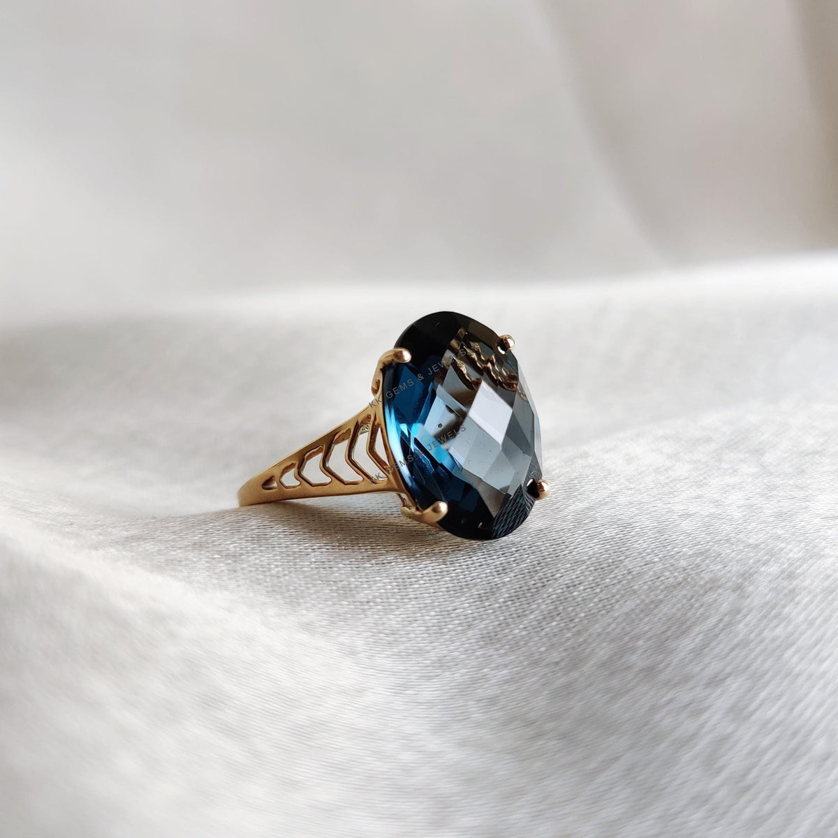 Natural London Blue Topaz Ring, 14K Solid Yellow Gold Oval Gemstone, December Birthstone