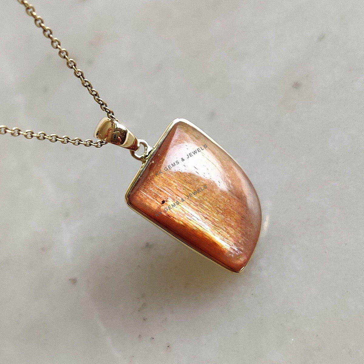 14K Solid Yellow Gold Natural Sunstone Pendant, July August Birthstone Feldspar Crystal Pendant, Christmas Present