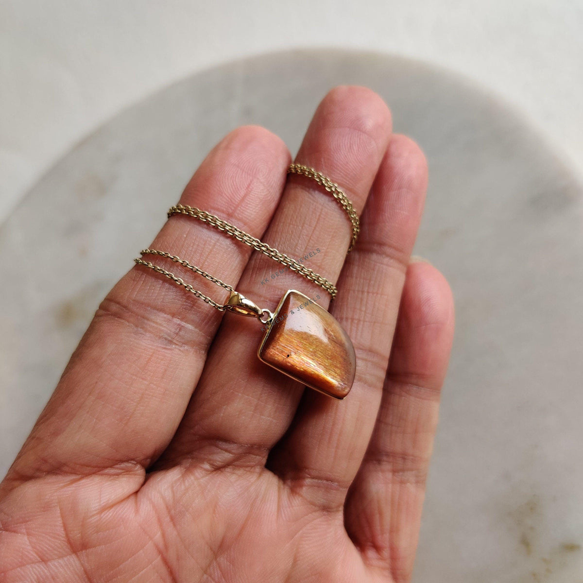 14K Solid Yellow Gold Natural Sunstone Pendant, July August Birthstone Feldspar Crystal Pendant, Christmas Present