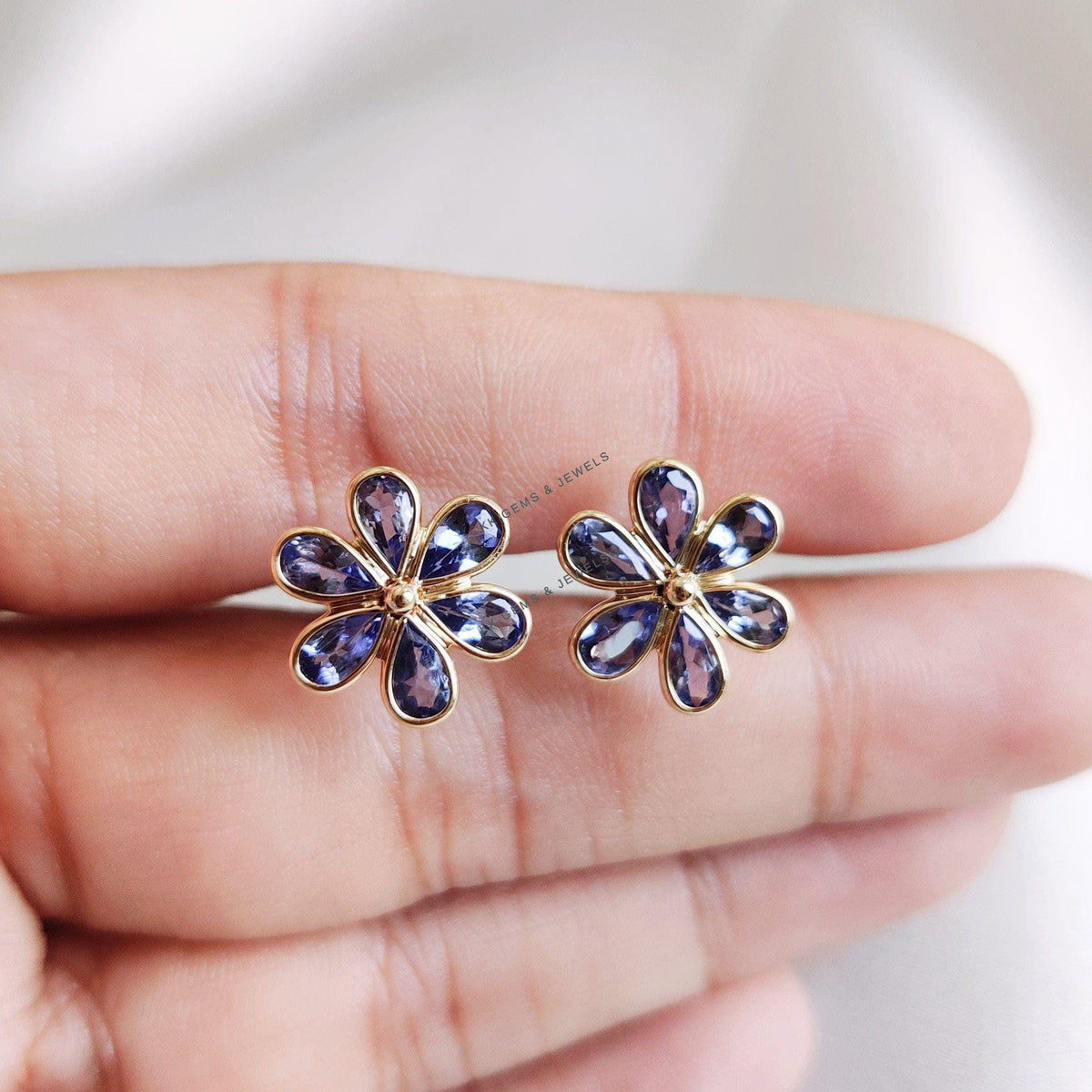 14K Solid Yellow Gold Natural Tanzanite Flower Stud Earrings, December Birthstone, Christmas Present