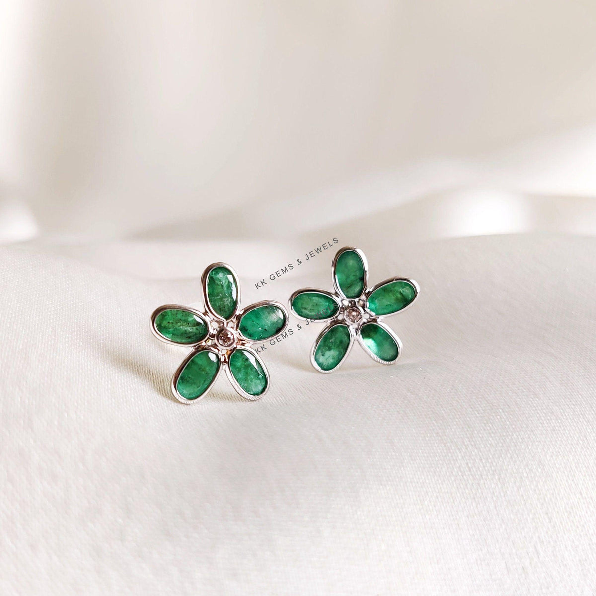Natural Emerald & Diamond Flower Stud Earrings, 14K Solid White Gold, May Birthstone, Anniversary Gift