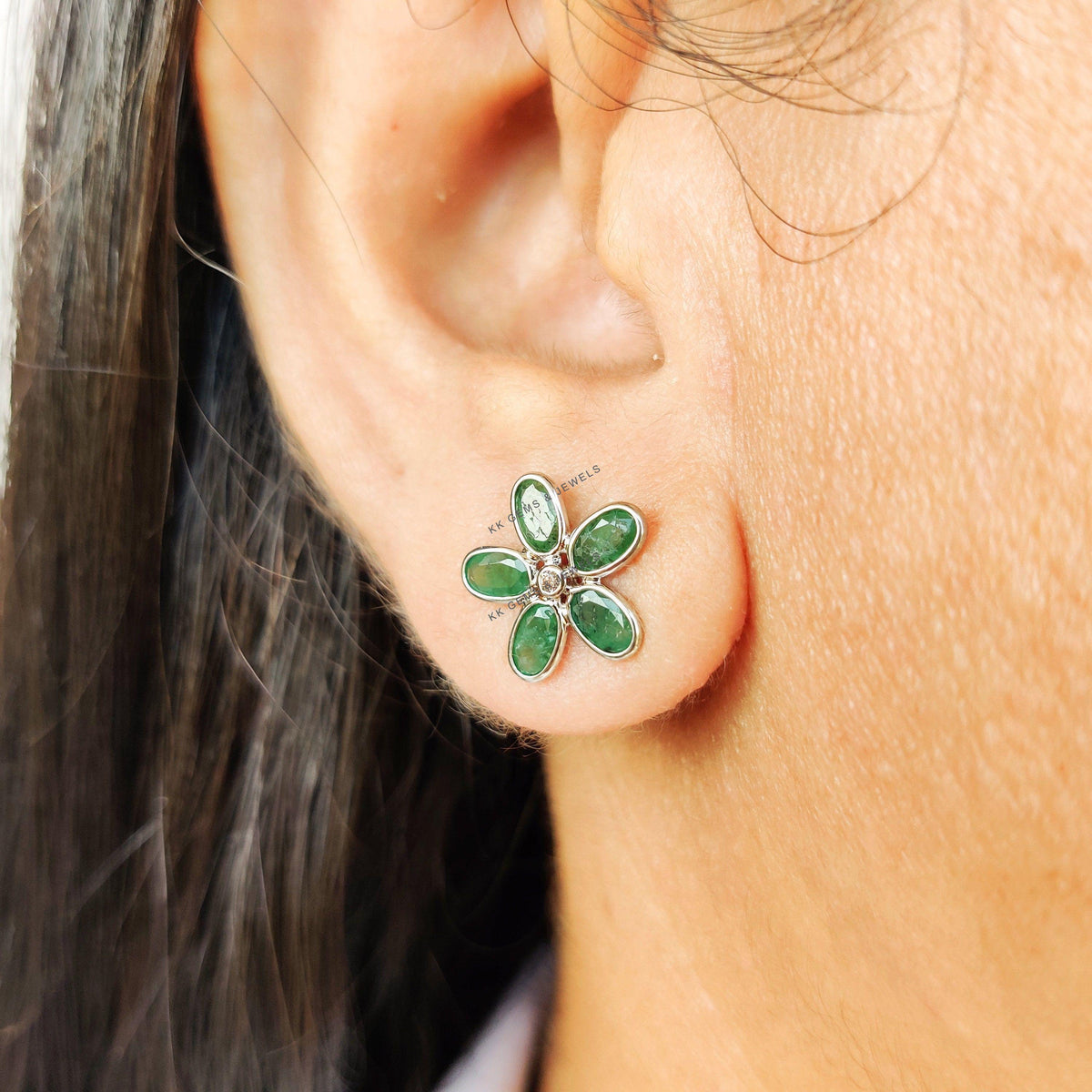 Natural Emerald & Diamond Flower Stud Earrings, 14K Solid White Gold, May Birthstone, Anniversary Gift