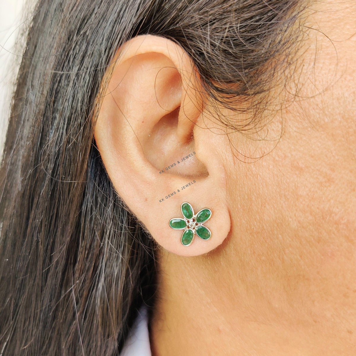 Natural Emerald & Diamond Flower Stud Earrings, 14K Solid White Gold, May Birthstone, Anniversary Gift