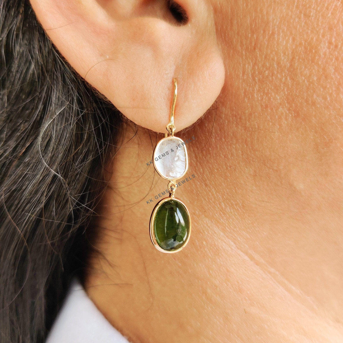 14K Solid Yellow Gold Natural Green Tourmaline & Diamond Polki Slice Bezel Earrings, October Birthstone, Anniversary Gift