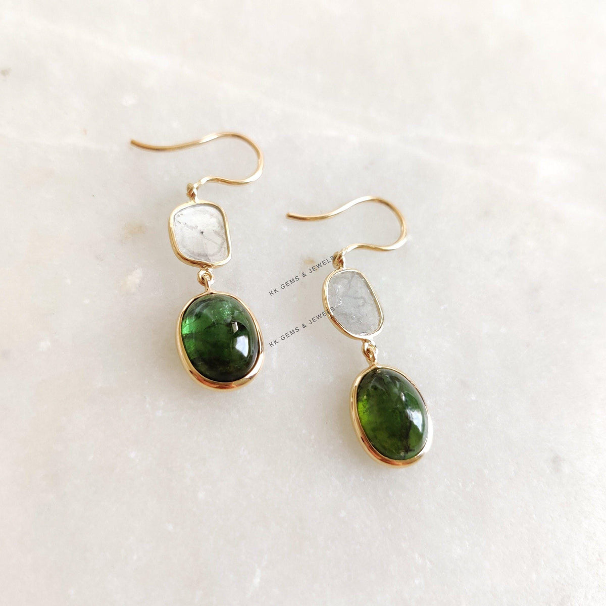 14K Solid Yellow Gold Natural Green Tourmaline & Diamond Polki Slice Bezel Earrings, October Birthstone, Anniversary Gift