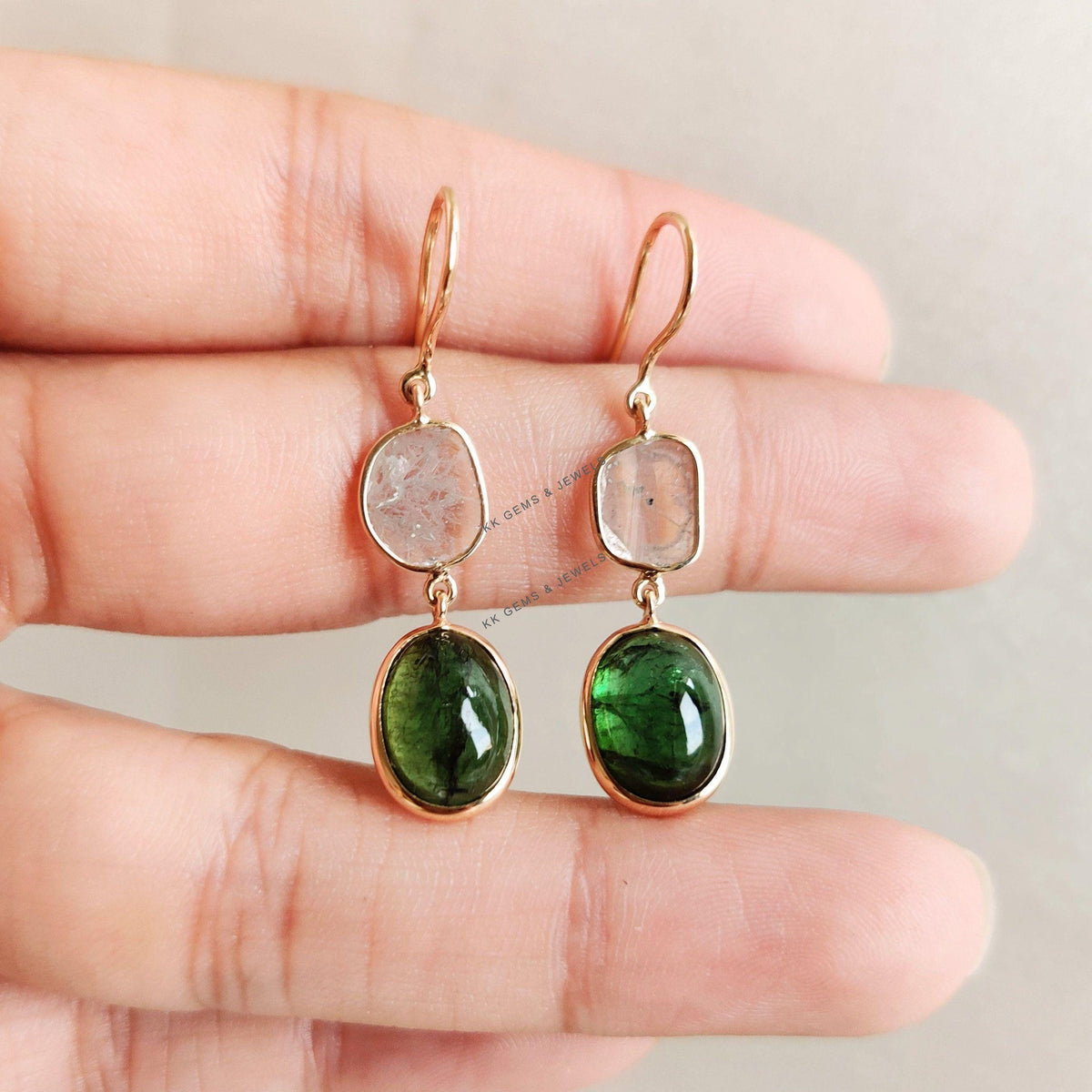 14K Solid Yellow Gold Natural Green Tourmaline & Diamond Polki Slice Bezel Earrings, October Birthstone, Anniversary Gift