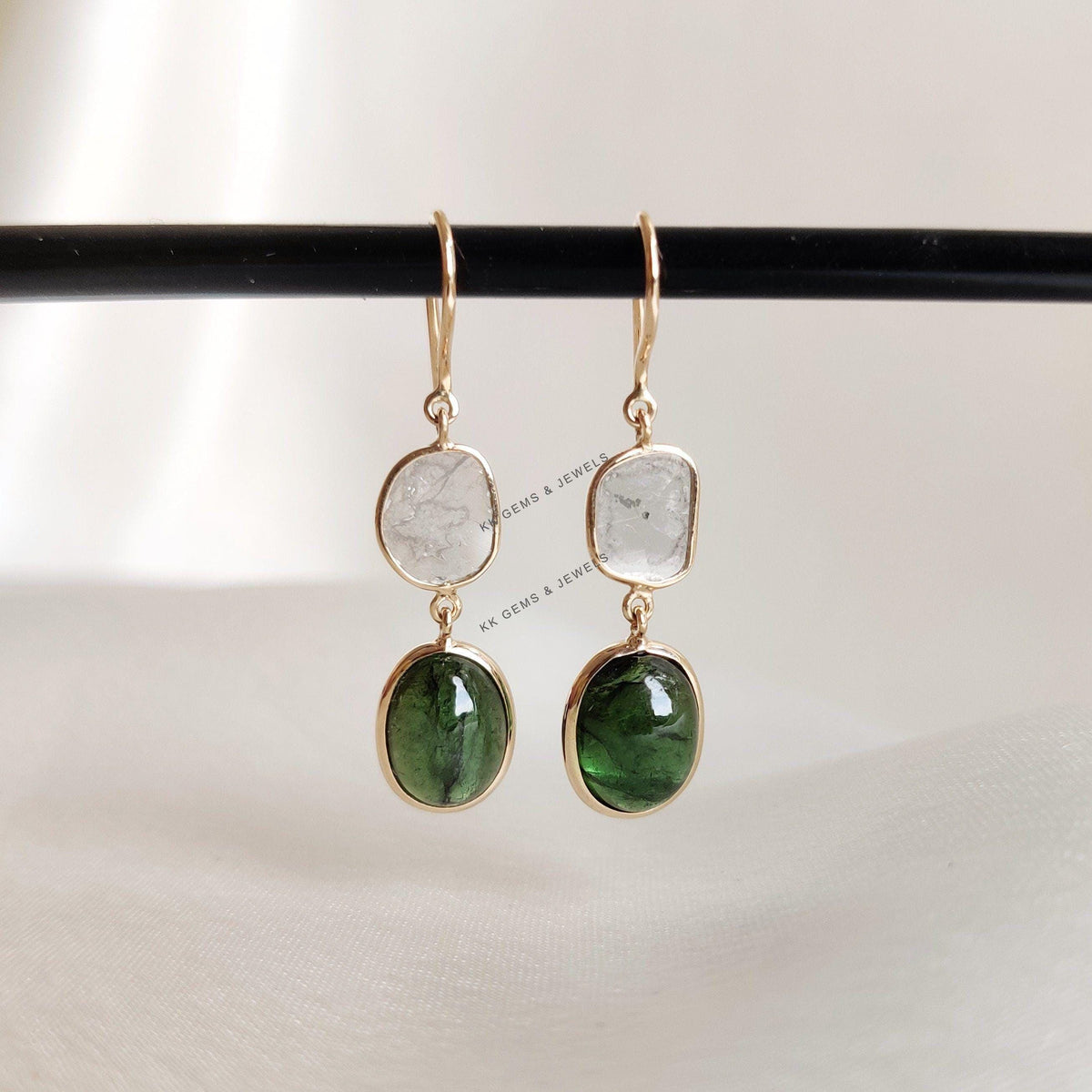 14K Solid Yellow Gold Natural Green Tourmaline & Diamond Polki Slice Bezel Earrings, October Birthstone, Anniversary Gift