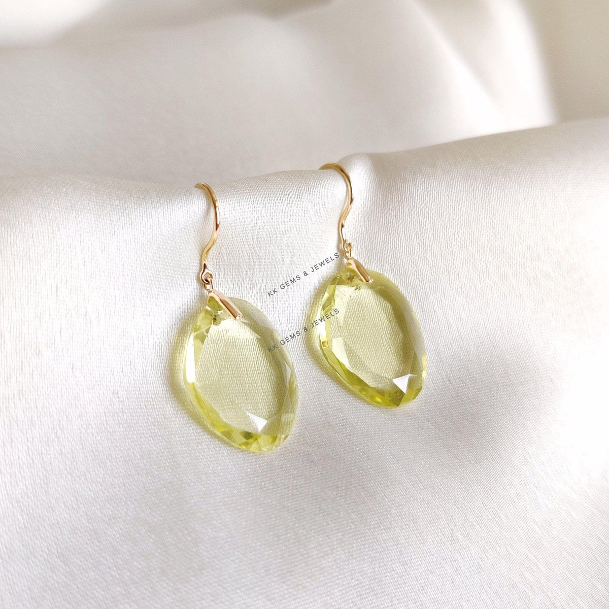 Natural Lemon Quartz Earrings, 14K Solid Yellow Gold Earrings, Oval Cut Gemstone, Christmas Present