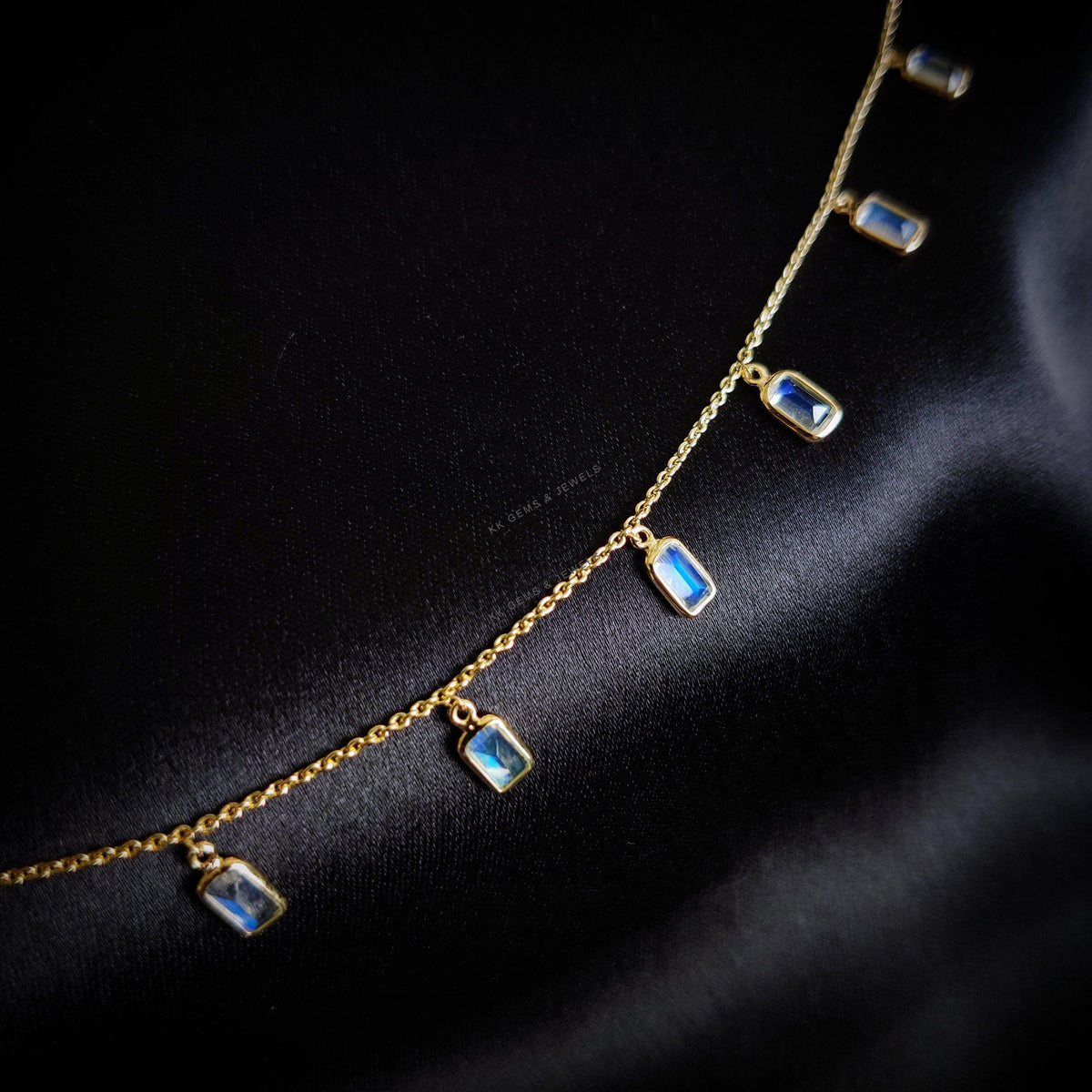 14K Solid Yellow Gold Natural Rainbow Moonstone Charm Bracelet, June Birthstone Jewelry, Christmas Present