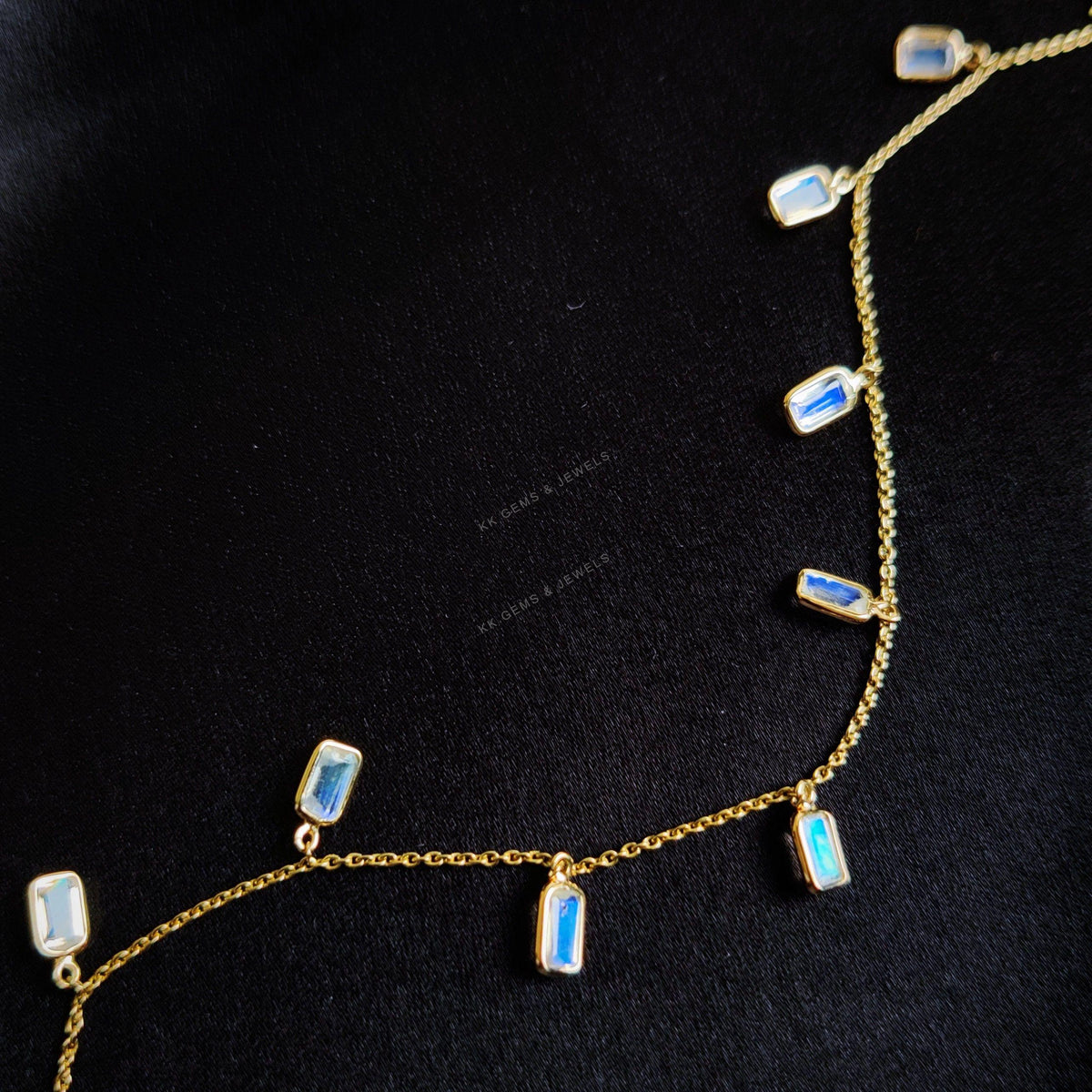 14K Solid Yellow Gold Natural Rainbow Moonstone Charm Bracelet, June Birthstone Jewelry, Christmas Present