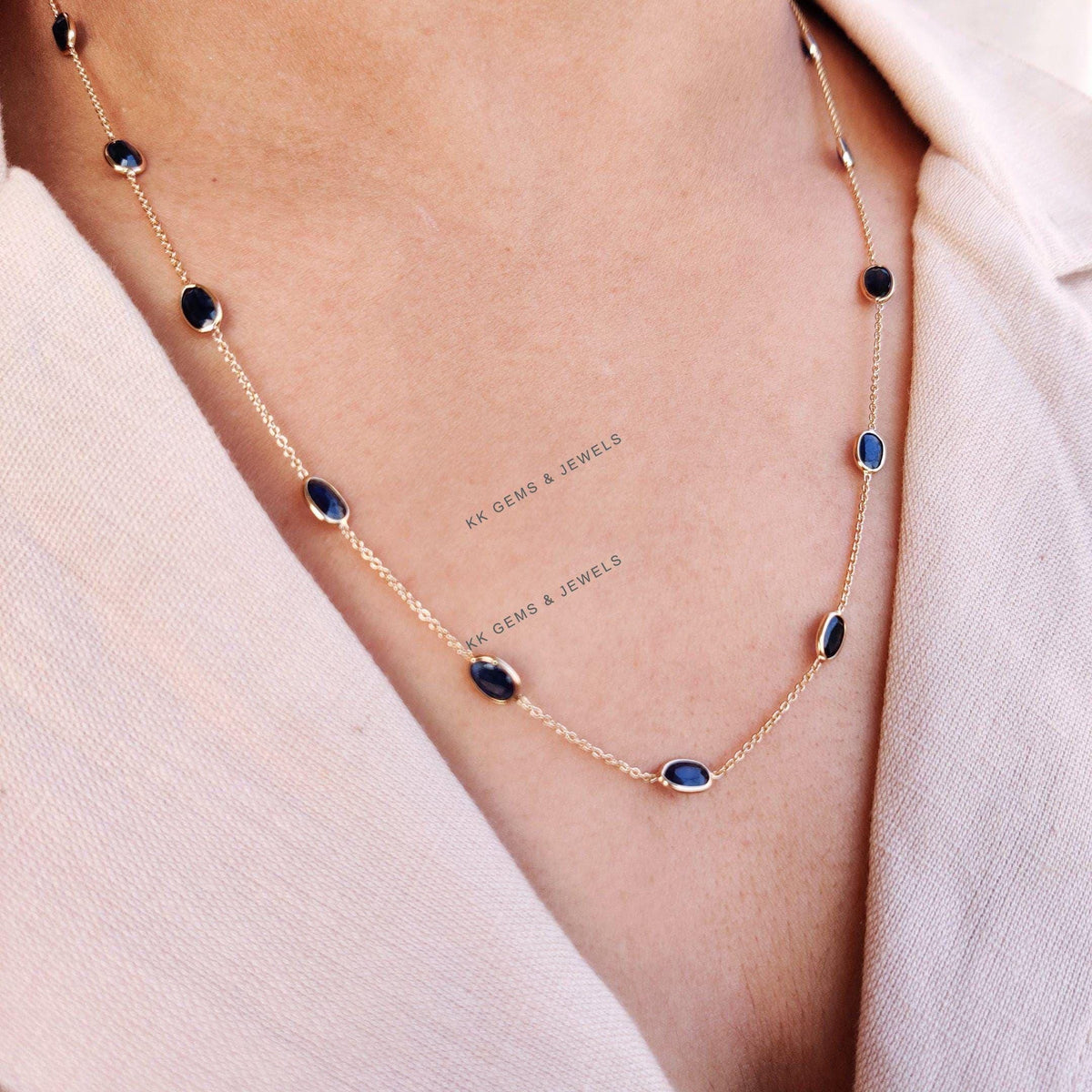 14K Solid Yellow Gold Natural Blue Sapphire Chain Necklace, September Birthstone, Anniversary Gift