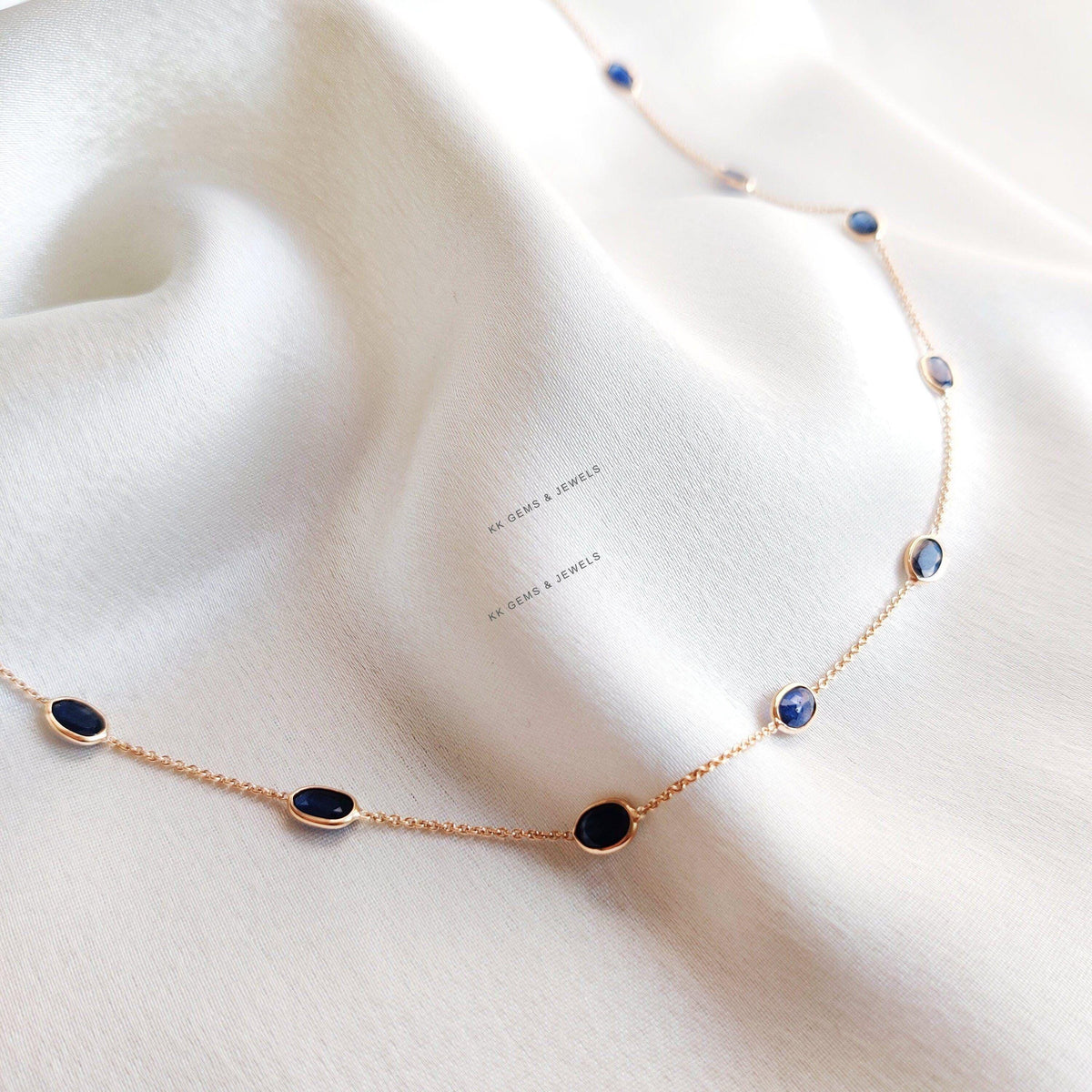14K Solid Yellow Gold Natural Blue Sapphire Chain Necklace, September Birthstone, Anniversary Gift