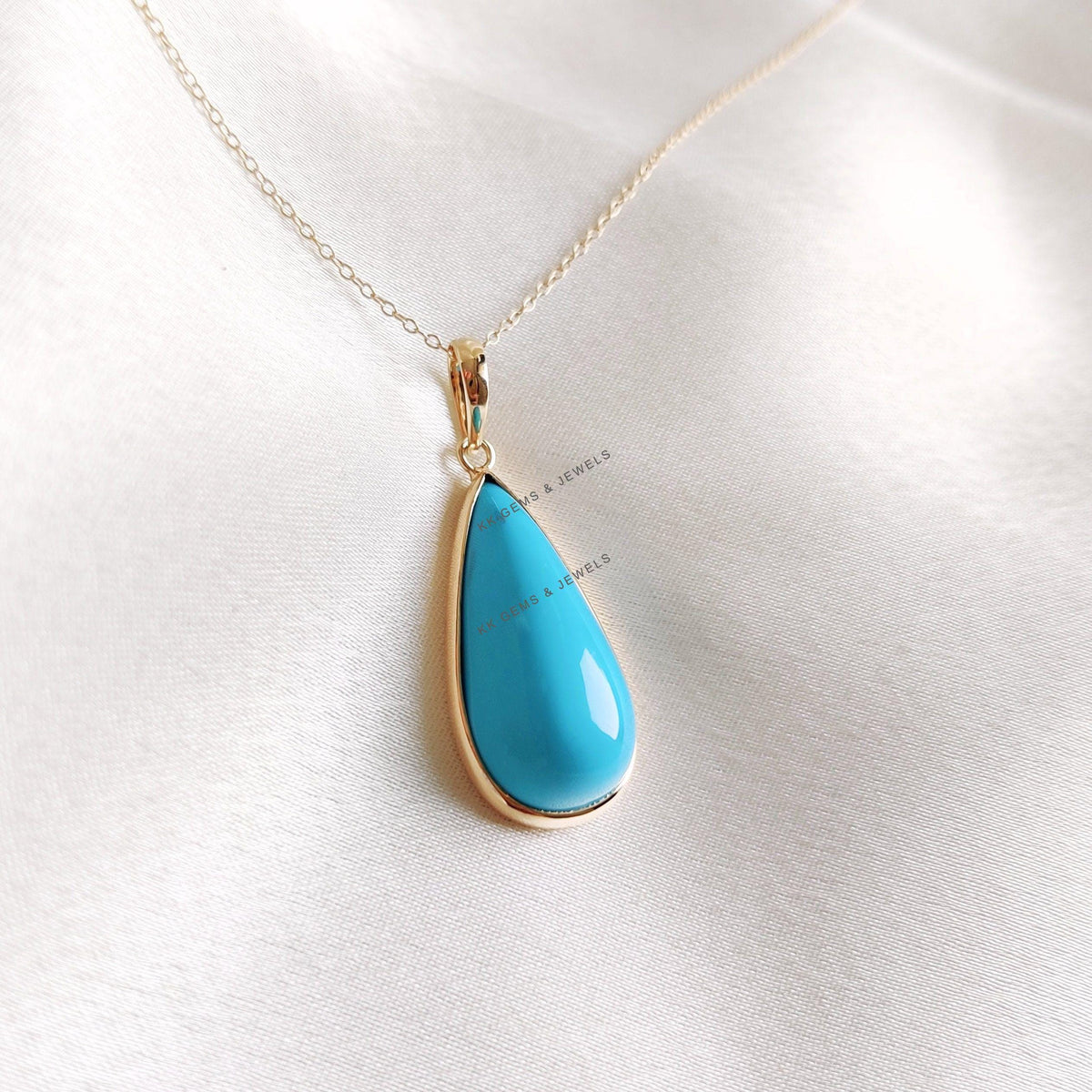Natural Sleeping Beauty Turquoise Pendant, 14K Solid Yellow Gold Pendant, December Birthstone, Christmas Present