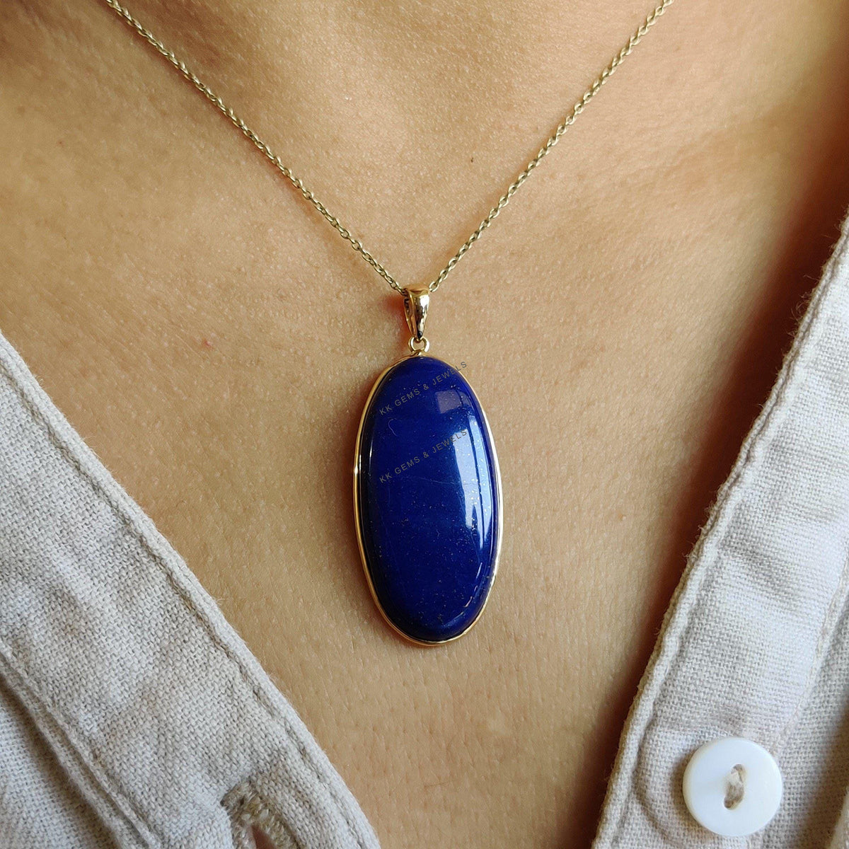 14K Solid Yellow Gold Natural Lapis Lazuli Pendant, Oval Bezel Pendant, September Birthstone, Christmas Present