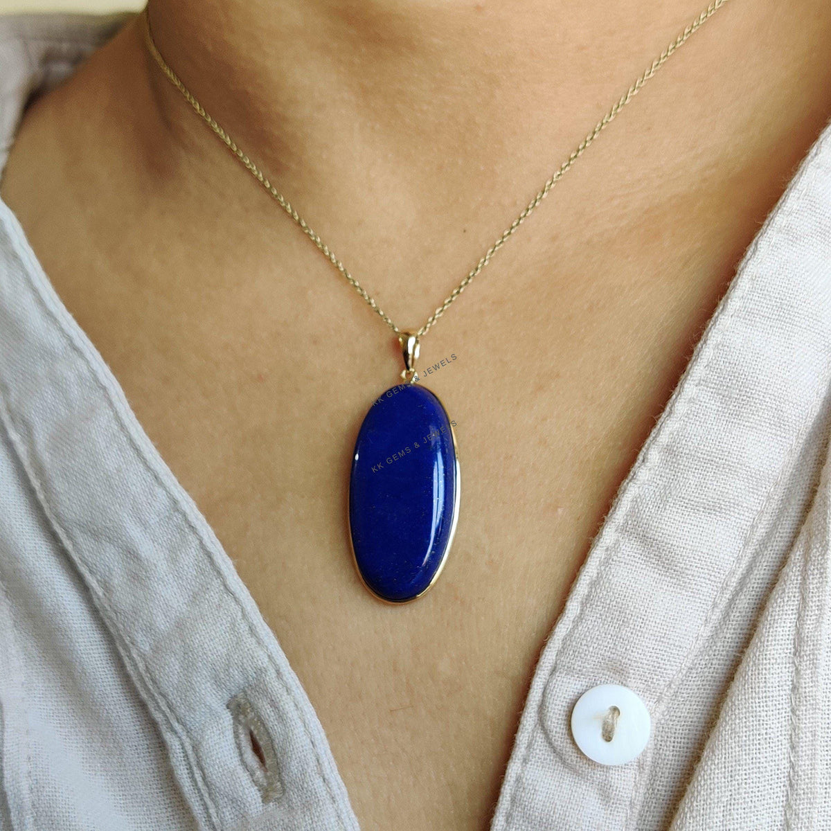 14K Solid Yellow Gold Natural Lapis Lazuli Pendant, Oval Bezel Pendant, September Birthstone, Christmas Present