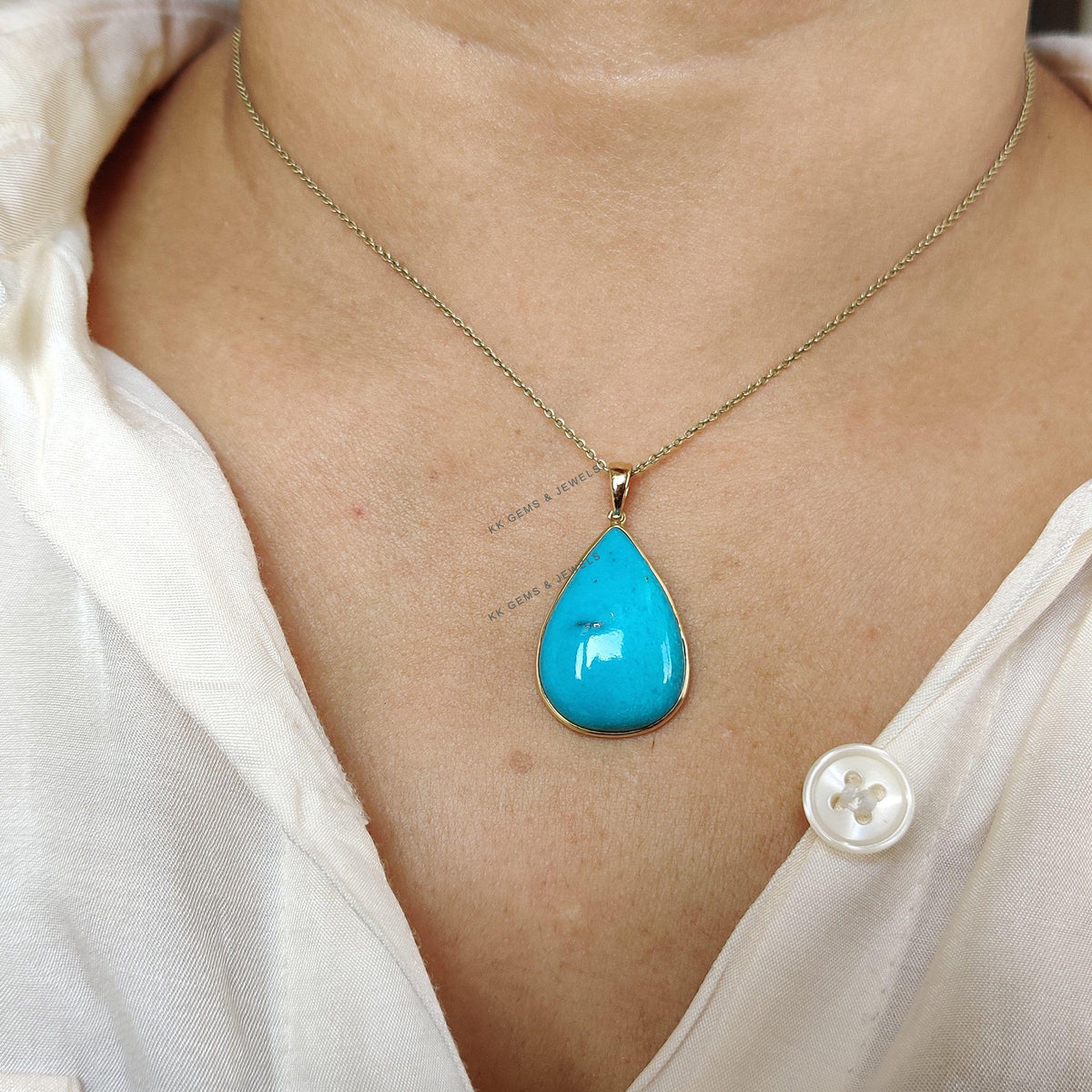 Natural Sleeping Beauty Turquoise Pendant, 14K Solid Yellow Gold Bezel Pendant, December Birthstone, Christmas Present