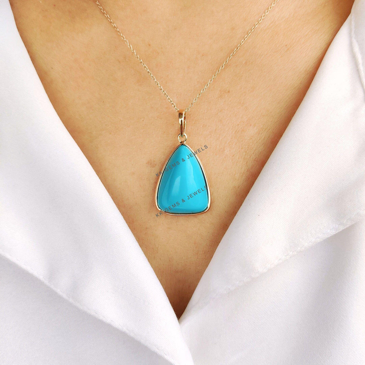 Natural Sleeping Beauty Turquoise Pendant, 14K Solid Yellow Gold Pendant, December Birthstone, Chrsitmas Present