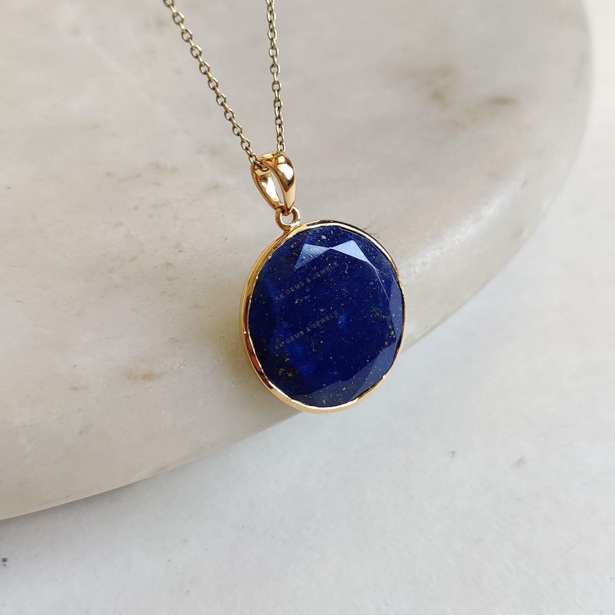14K Solid Yellow Gold Natural Lapis Lazuli Pendant, Round Bezel Pendant, September Birthstone, Christmas Gift