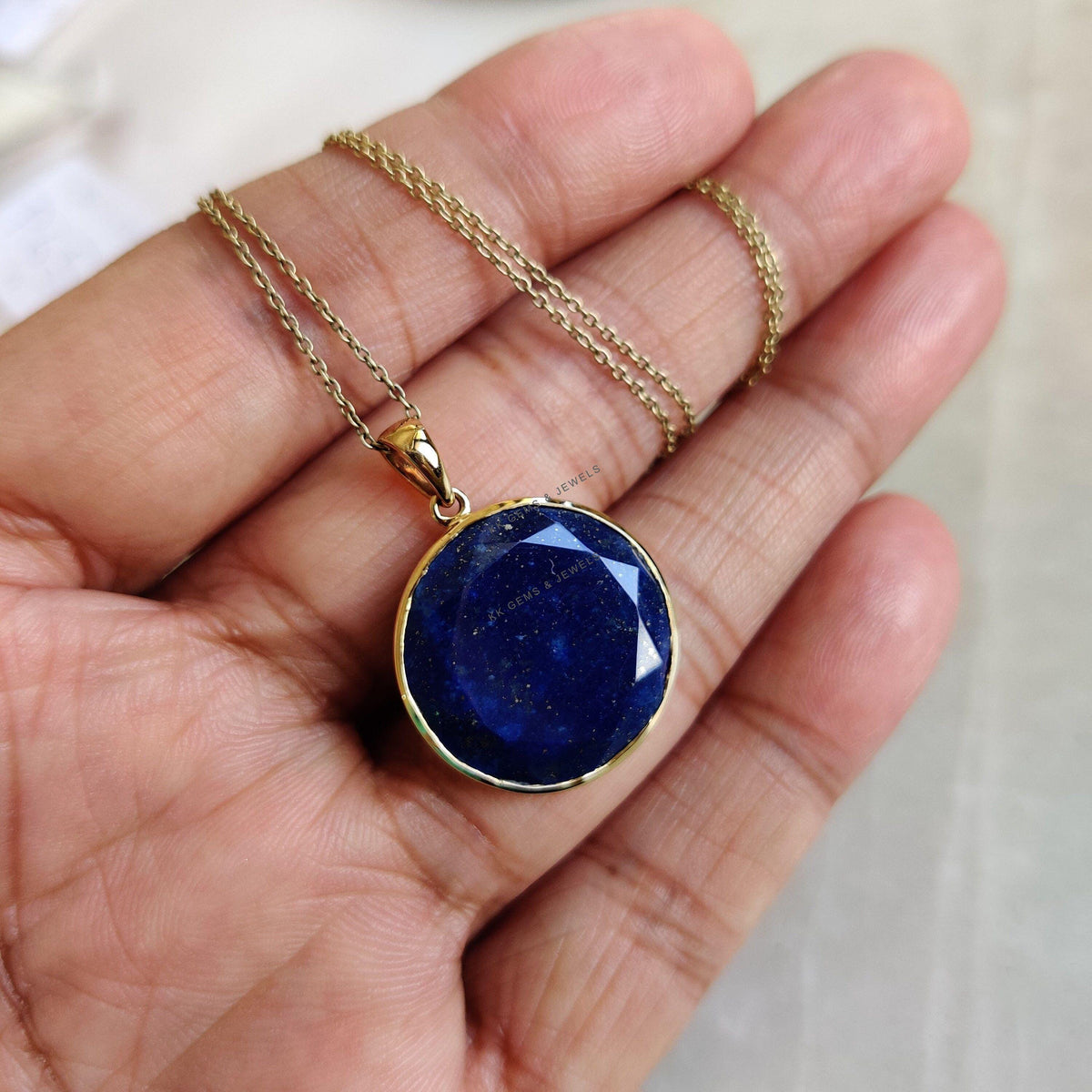 14K Solid Yellow Gold Natural Lapis Lazuli Pendant, Round Bezel Pendant, September Birthstone, Christmas Gift