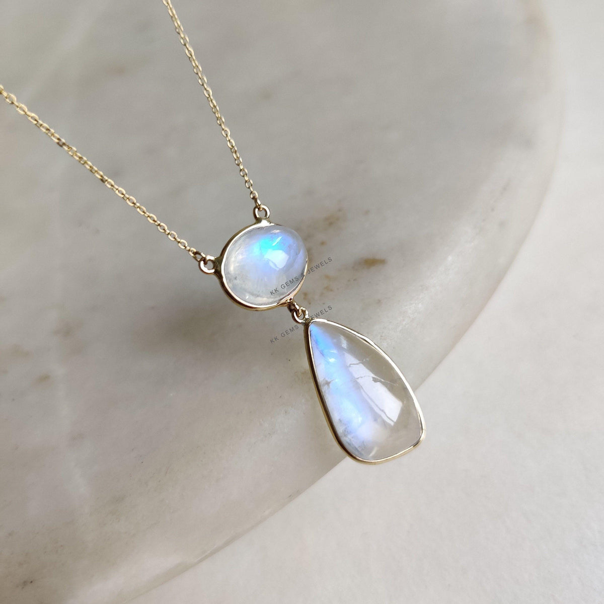 14K Solid Yellow Gold Natural Rainbow Moonstone Chain Necklace, June Birthstone, Anniversary Gift