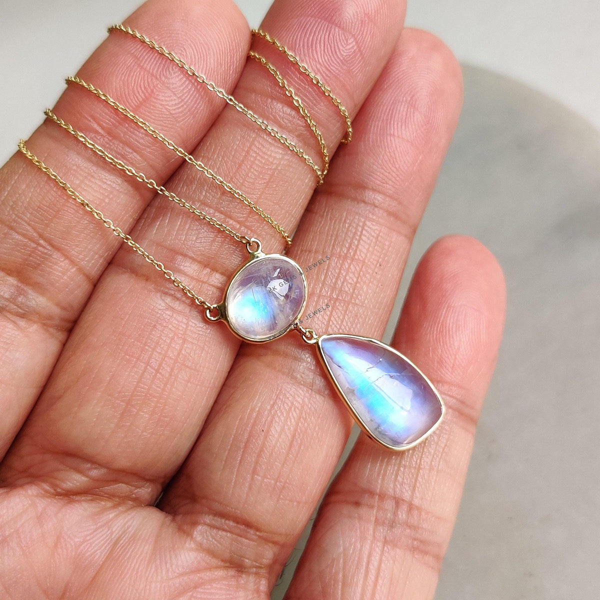 14K Solid Yellow Gold Natural Rainbow Moonstone Chain Necklace, June Birthstone, Anniversary Gift