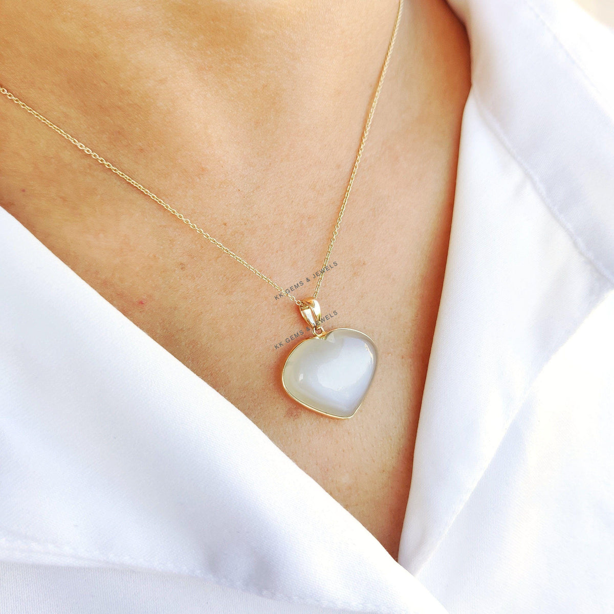 Natural White Moonstone Heart Pendant, 14K Solid Yellow Gold Pendant, June Birthstone, Christmas Present