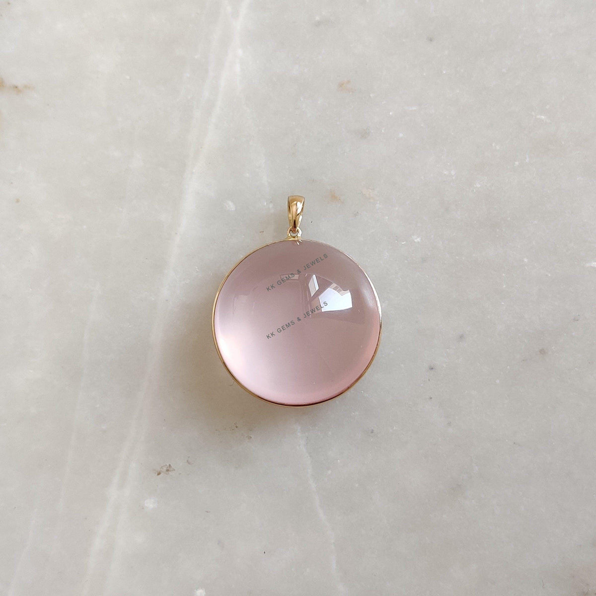 14K Solid Yellow Gold Natural Rose Quartz Pendant, Round Pendant, January Birthstone, Christmas Present