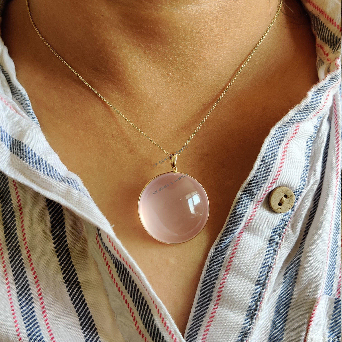 14K Solid Yellow Gold Natural Rose Quartz Pendant, Round Pendant, January Birthstone, Christmas Present