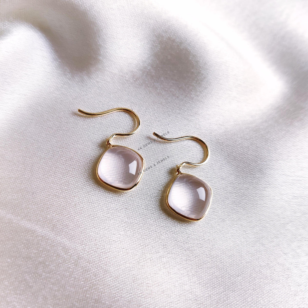 Natural Rose Quartz Earrings, 14K Solid Yellow Gold Earrings, Cushion Cabochon, January Birthstone, Christmas Present