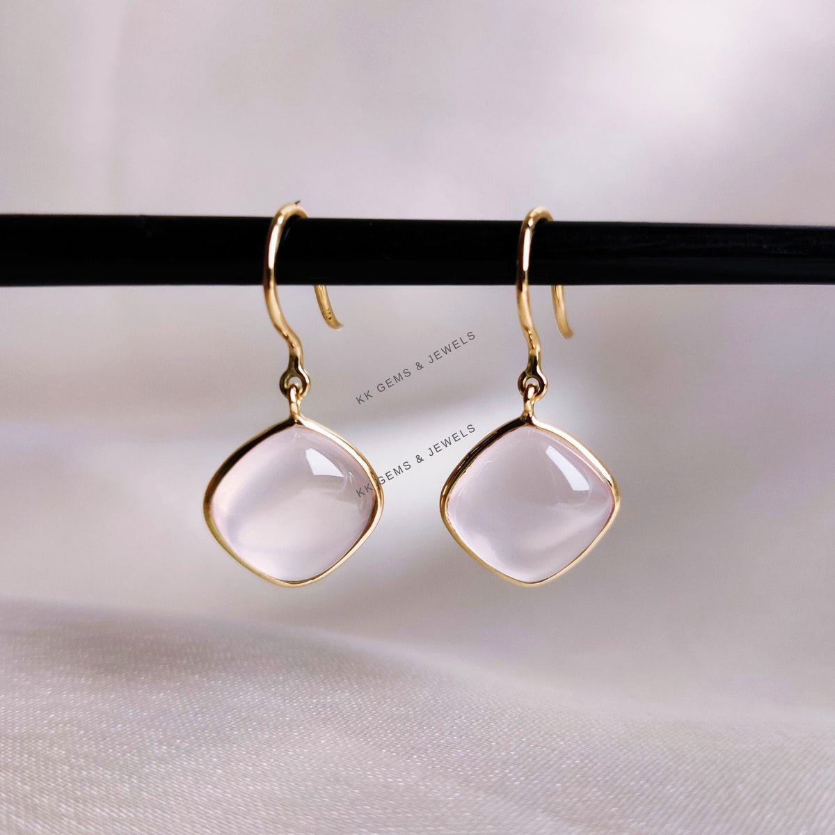 Natural Rose Quartz Earrings, 14K Solid Yellow Gold Earrings, Cushion Cabochon, January Birthstone, Christmas Present