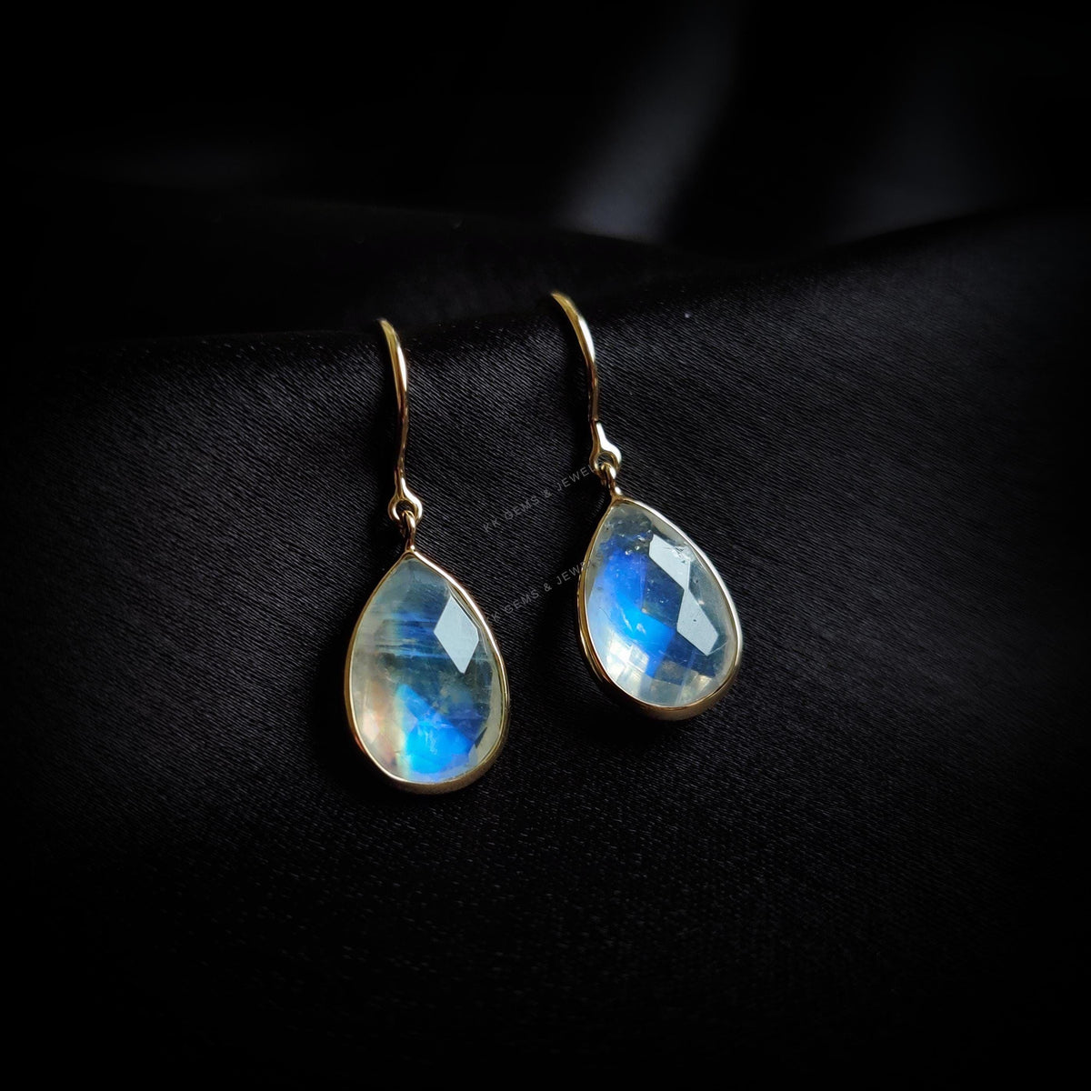 14K Solid Yellow Gold Natural Rainbow Moonstone Pear Drop Bezel Earrings, June Birthstone, Christmas Present