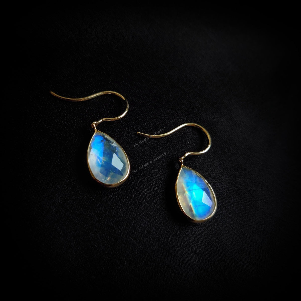 14K Solid Yellow Gold Natural Rainbow Moonstone Pear Drop Bezel Earrings, June Birthstone, Christmas Present