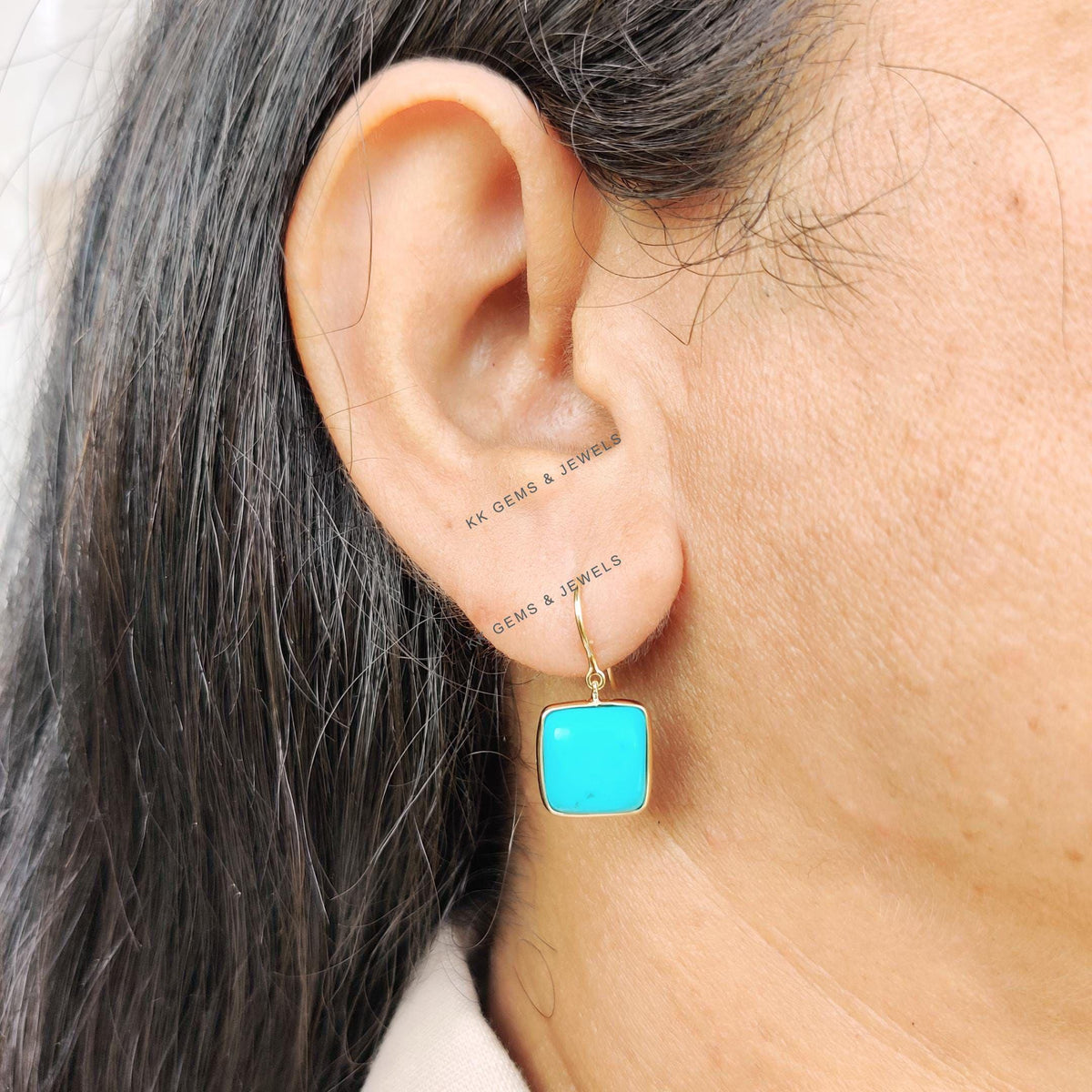 Natural Sleeping Beauty Turquoise Earrings, 14K Solid Yellow Gold, December Birthstone, Christmas Present