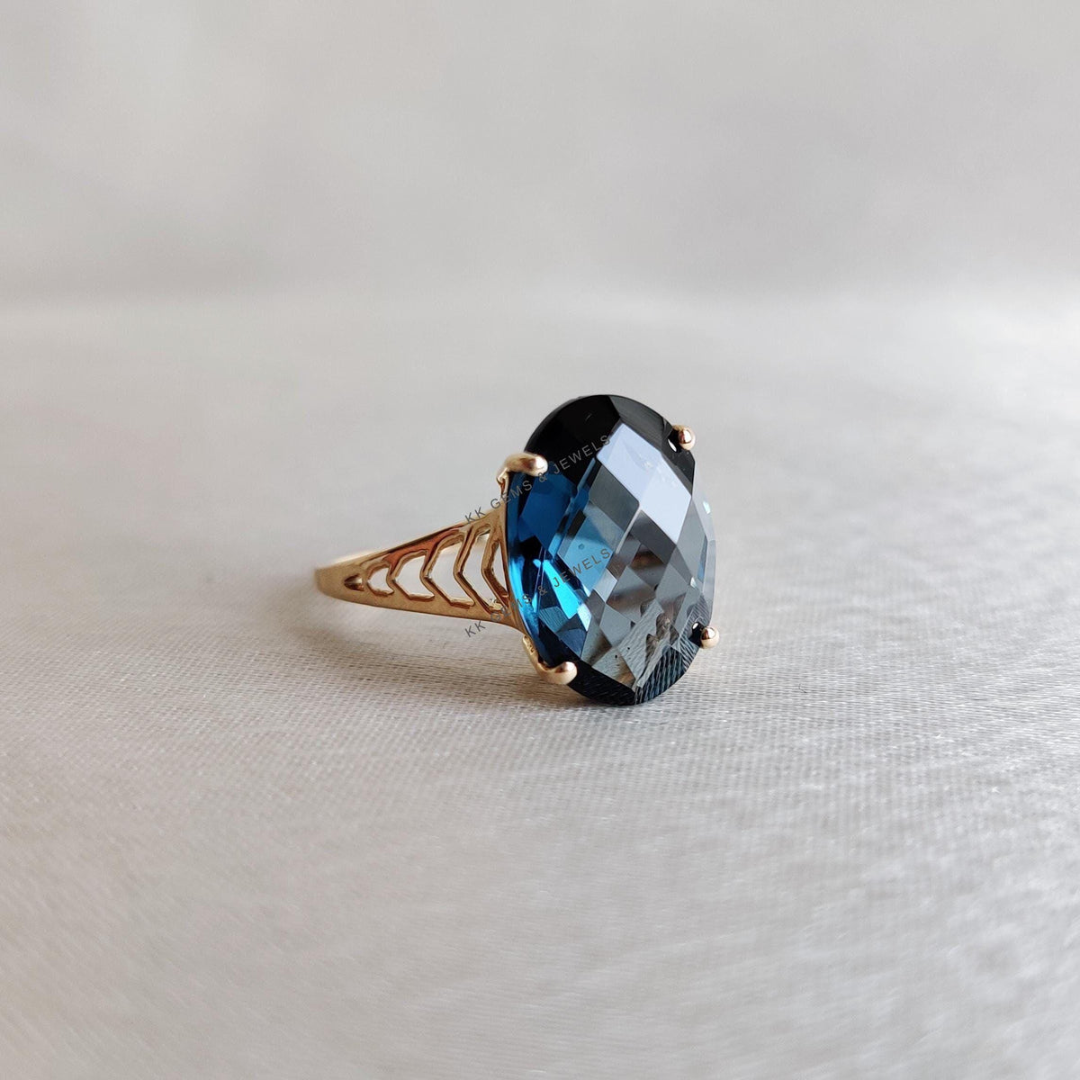 Natural London Blue Topaz Ring, 14K Solid Yellow Gold Oval Gemstone, December Birthstone