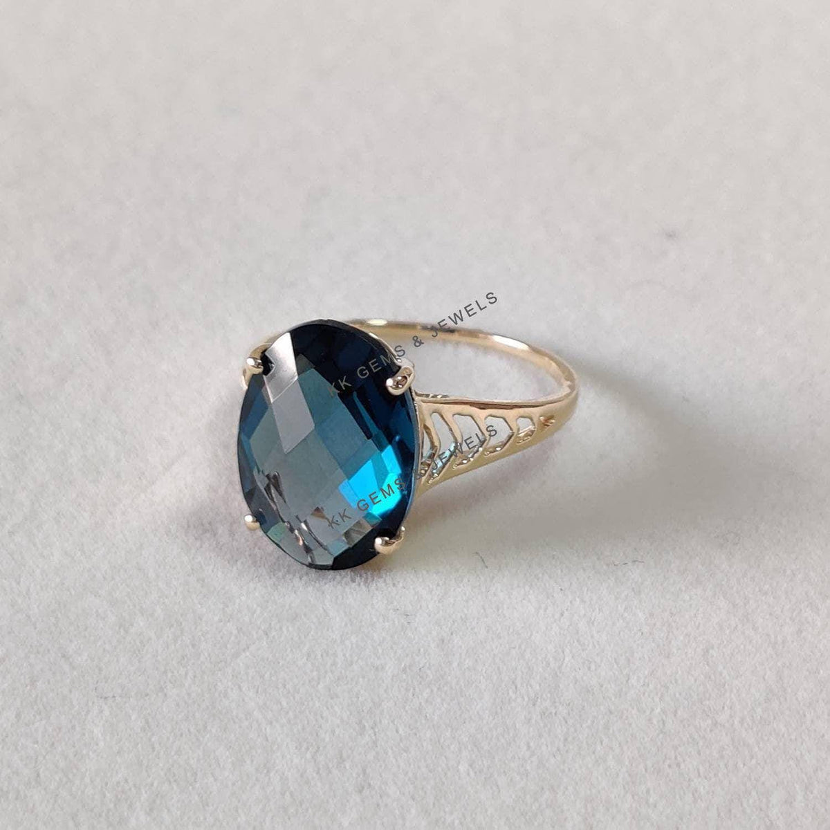 Natural London Blue Topaz Ring, 14K Solid Yellow Gold Oval Gemstone, December Birthstone