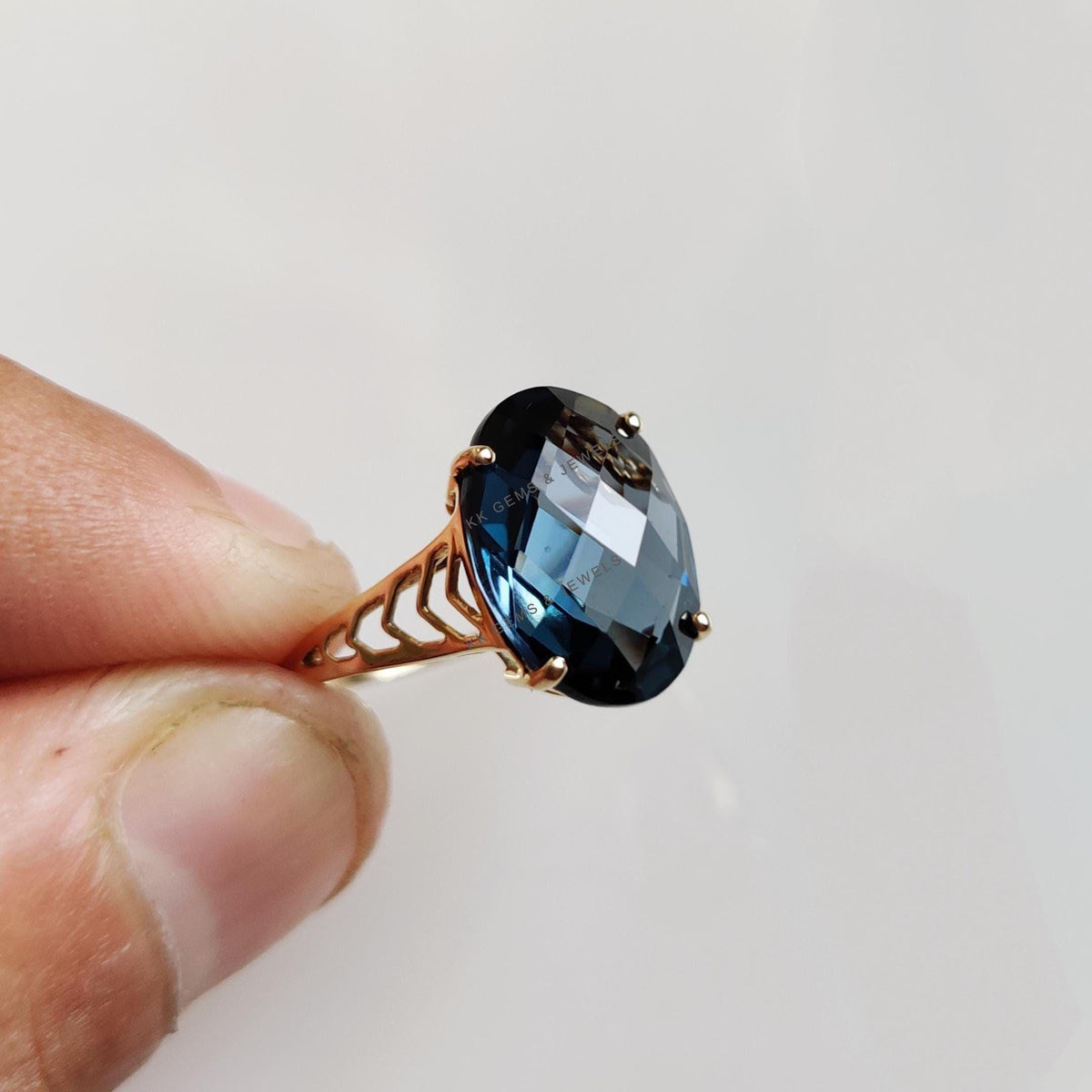 Natural London Blue Topaz Ring, 14K Solid Yellow Gold Oval Gemstone, December Birthstone