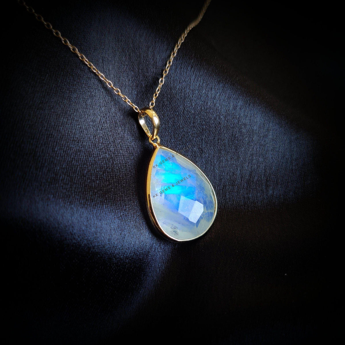 Natural Rainbow Moonstone Pear Pendant, 14K Solid Yellow Gold Bezel Pendant, June Birthstone, Christmas Present