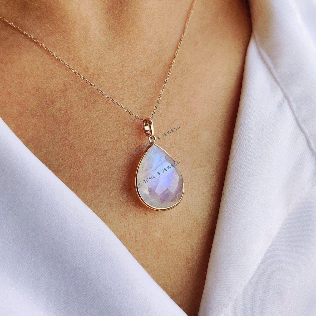 Natural Rainbow Moonstone Pear Pendant, 14K Solid Yellow Gold Bezel Pendant, June Birthstone, Christmas Present