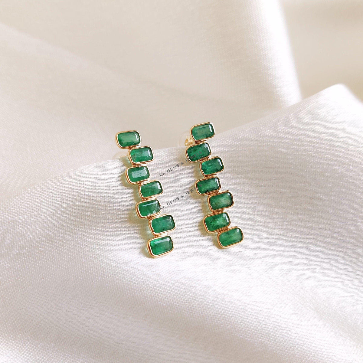 14K Solid Yellow Gold Natural Emerald Earrings, Baguette Cut, May Birthstone, Christmas Present