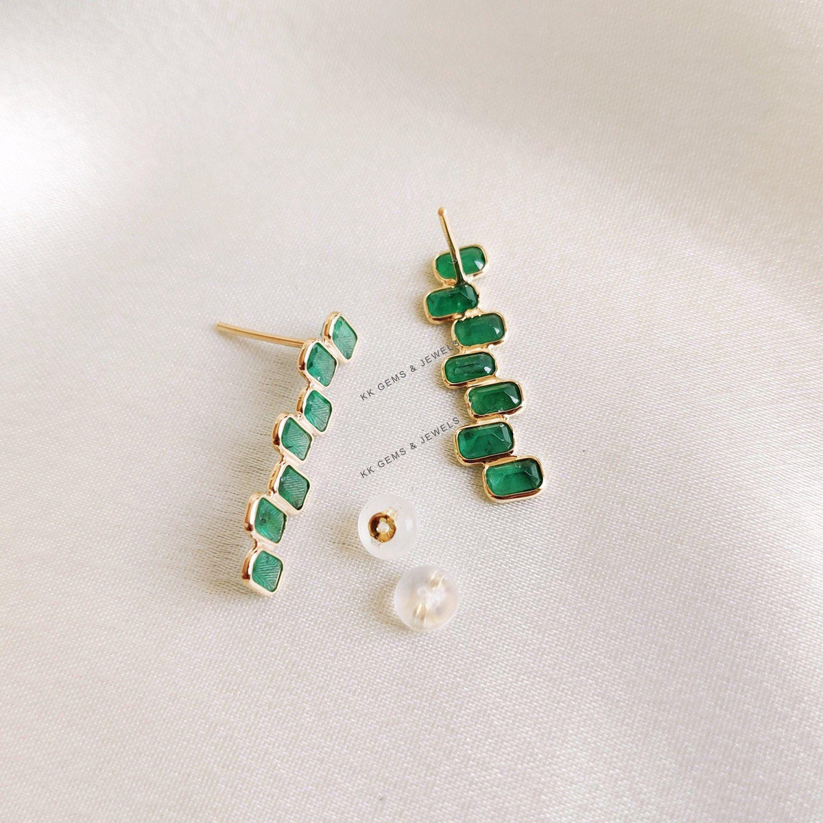 14K Solid Yellow Gold Natural Emerald Earrings, Baguette Cut, May Birthstone, Christmas Present