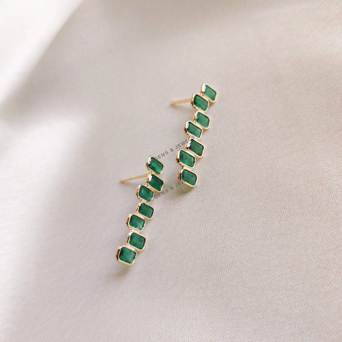 14K Solid Yellow Gold Natural Emerald Earrings, Baguette Cut, May Birthstone, Christmas Present