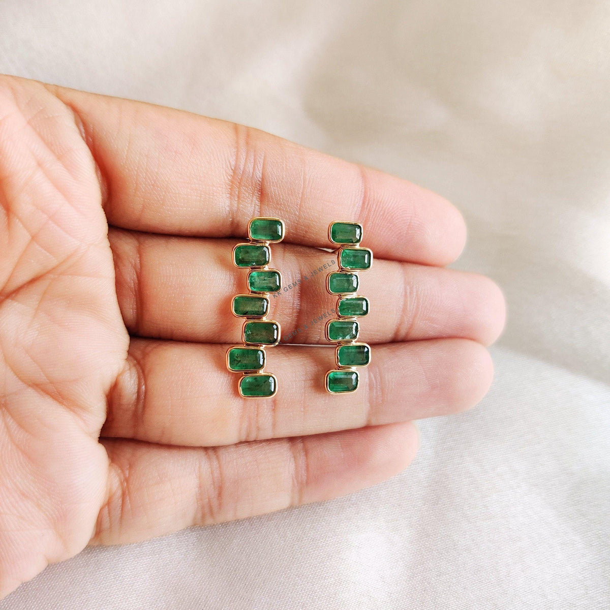 14K Solid Yellow Gold Natural Emerald Earrings, Baguette Cut, May Birthstone, Christmas Present