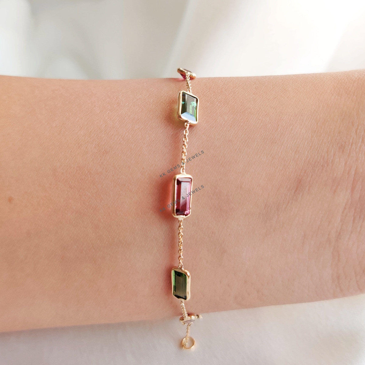 14K Solid Yellow Gold Natural Multi Tourmaline Baguette Bracelet, October Birthstone, Christmas Present