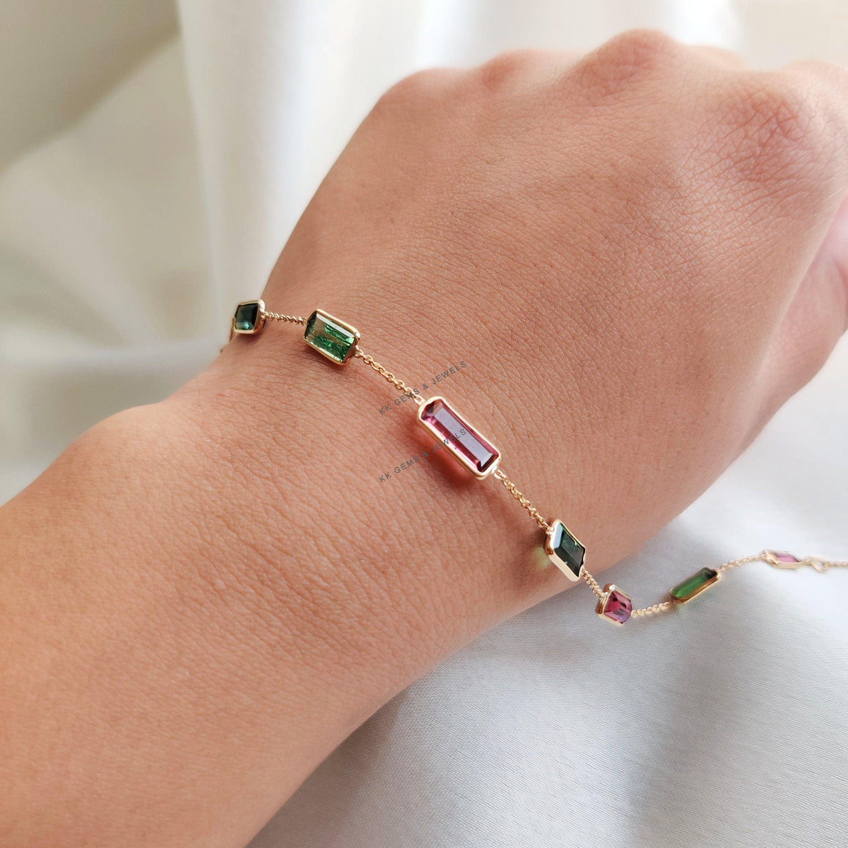 14K Solid Yellow Gold Natural Multi Tourmaline Baguette Bracelet, October Birthstone, Christmas Present