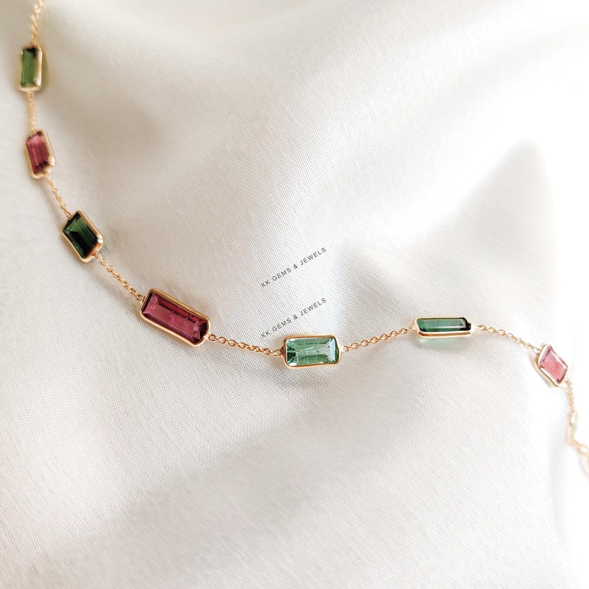 14K Solid Yellow Gold Natural Multi Tourmaline Baguette Bracelet, October Birthstone, Christmas Present