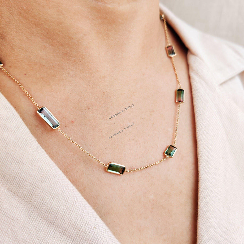 14K Solid Yellow Gold Natural Multi Tourmaline Necklace, Baguette Gemstone Chain Necklace, Christmas Present