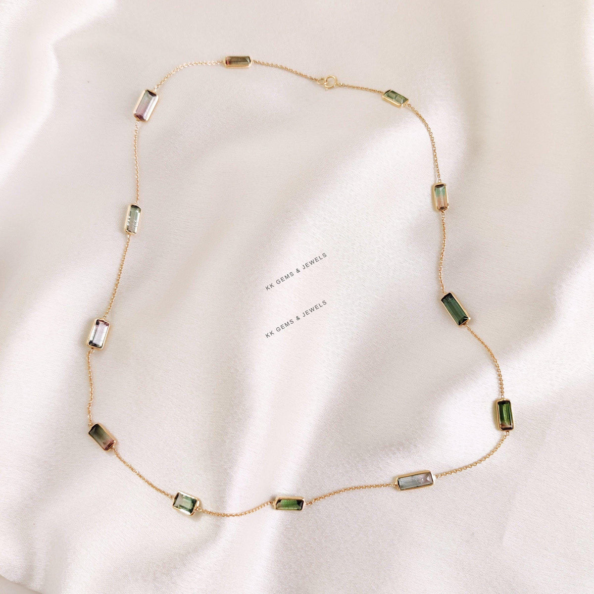 14K Solid Yellow Gold Natural Multi Tourmaline Necklace, Baguette Gemstone Chain Necklace, Christmas Present
