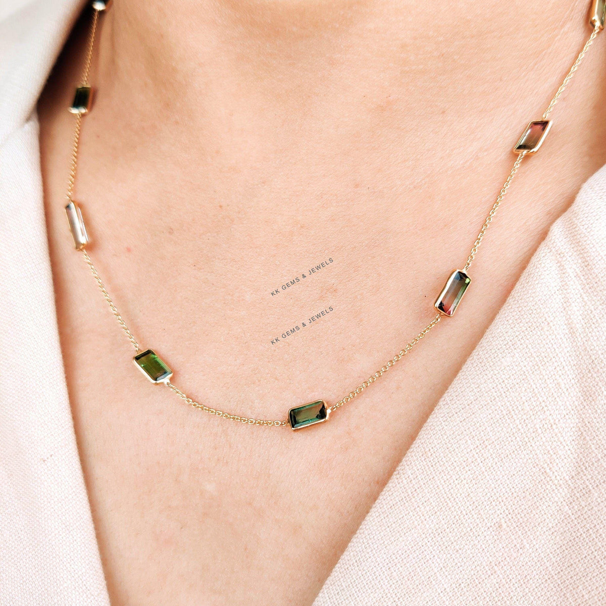 14K Solid Yellow Gold Natural Multi Tourmaline Necklace, Baguette Gemstone Chain Necklace, Christmas Present