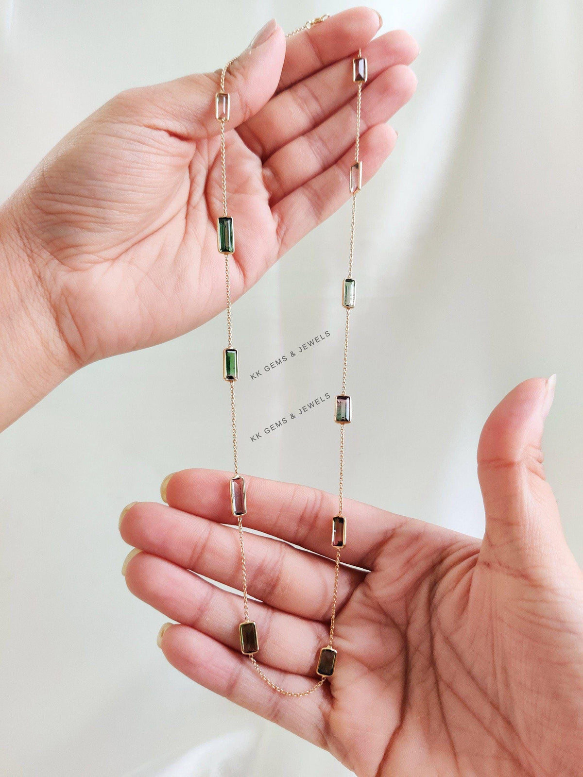 14K Solid Yellow Gold Natural Multi Tourmaline Necklace, Baguette Gemstone Chain Necklace, Christmas Present